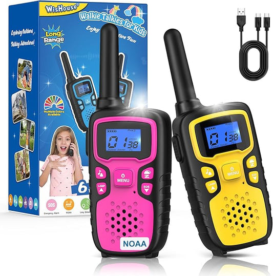 Wishouse Walkie Talkies for Kids Rechargeable Long Range,Xmas Birthday Gift for 4 5 6 7 8 9 Year Old Boys Girls,Hiking Gear Camping Games Cool Toys with NOAA,SOS Siren,Lamp,Lanyards,2 Pack Pink Yellow