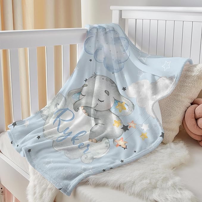 J&SBGFT Personalized Baby Blanket for Boys, Custom Baby Blanket with Name, Toddler Kids Nursery Stroller Crib Decor Throw, Sleeping Elephant