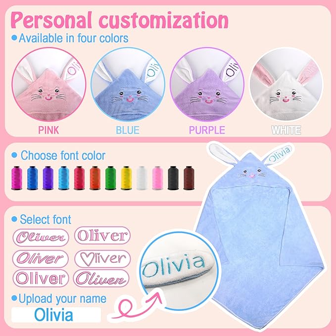 Custom Hooded Bath Towel with Name, Personalized Highly Absorbent Bunny Towels, Baby Bath Towels for Girls Boys, Easter Brithday Shower Gifts for Baby, Toddler, Newborn (Blue)