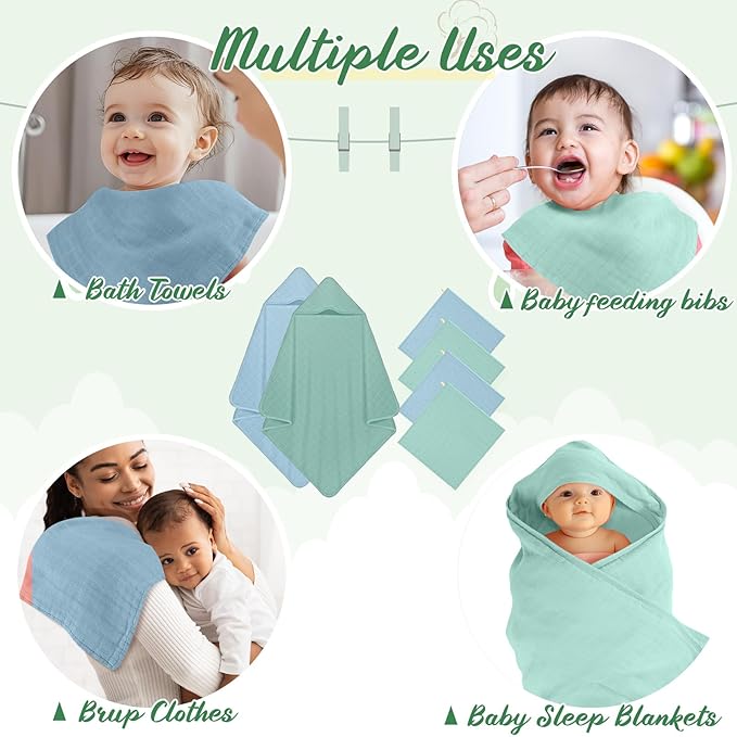 Preboun 6 Pcs Muslin Hooded Baby Towels and Washcloths 32"x 32" Cotton Newborn Bath Towel Anti-Shrink Infant Baby Blankets with Hood 12"x 12" Washcloths for Girl Boy Toddler(Light Blue,Light Green)