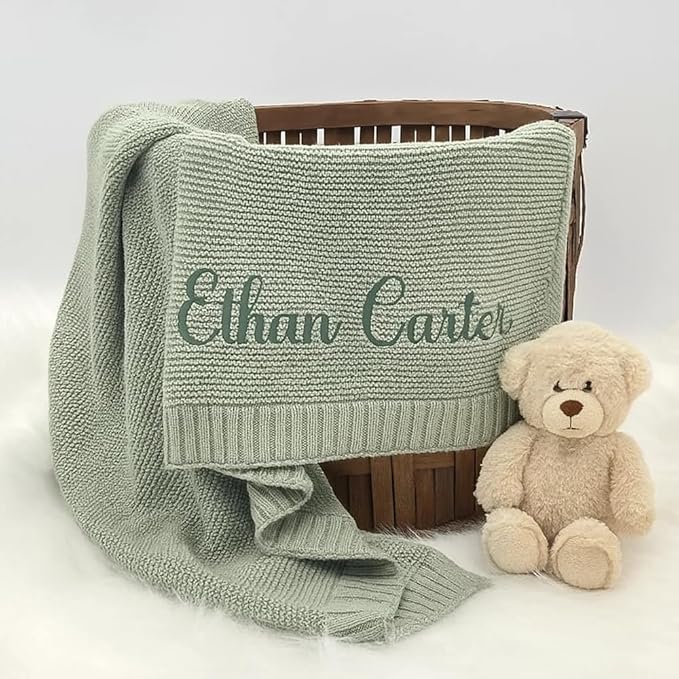 Personalized Baby Knit Blanket Custom Embroidered Cotton Blanket for Newborns Nursery Essentials, Stroller Cover, Holiday, Thoughtful Keepsake for New Parents.