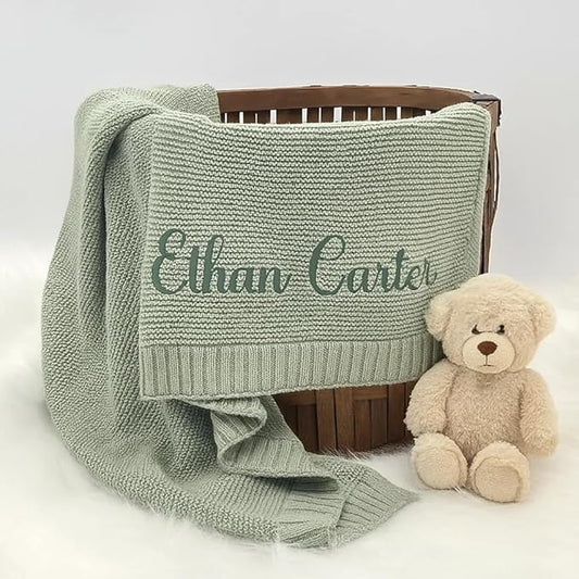 Personalized Baby Knit Blanket Custom Embroidered Cotton Blanket for Newborns Nursery Essentials, Stroller Cover, Holiday, Thoughtful Keepsake for New Parents.