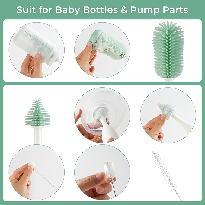 Momcozy Bottle Brush Kit Pro, Innovative Push-Press Design for Deep Cleaning - Bottle Cleaner Brush for Bottle/Breast Pumps/Nipple - Clog-Free Brush & Foam-Generating Design for Better Cleaning, Green