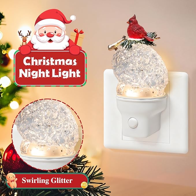 Christmas Night Light Plug into Wall Glitter Water Nightlight with USB/Outlet Options, Christmas Cardinal and Pinecone Decorative Nightlight for Bedroom Holiday Decorations (Cardinal and Pinecone)