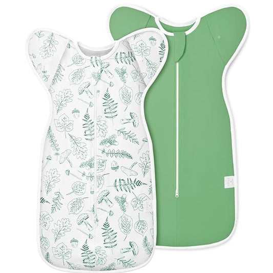 2-Pack Newborn Swaddle Sleep Sack - Baby Transitional Swaddle Sack 0-3 Months, Arms Up Swaddles with Cuff Removable Design, Green Leaves, 100% Cotton Newborn Sacks