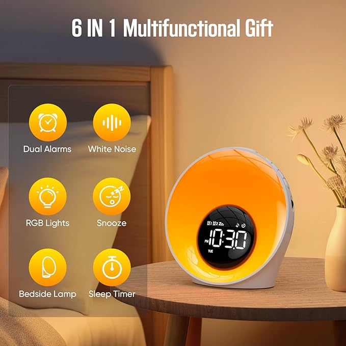 Wake Up Light Sunrise Alarm Clock, White Noise Sleep Sound Machine with 30 Soothing Sounds, Night Lights, Dual Alarms, Snooze, Timer, Bedside Lamp, Christmas Gift for Women, Kids, Heavy Sleepers