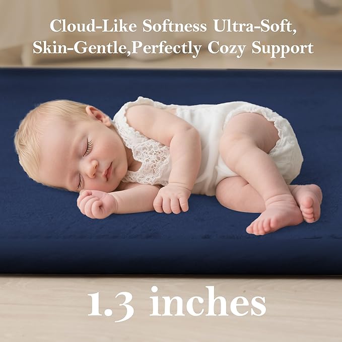 Baby Play Mat for Floor, 1.3" Thick Extra Large Cushioning Memory Foam Playpen Cushion, Soft Coral Velvet Tummy Time Mat with Non-Slip Backing, Child Nursery Rug for Toddlers, Kids (Dark Blue, 79X59)