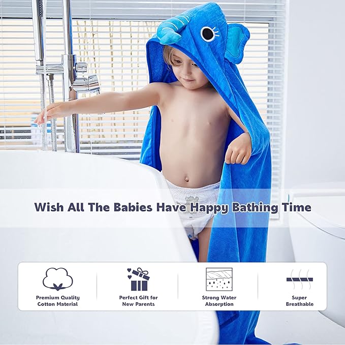 MICHLEY Baby Boy Girl Animal Hooded Bath Towel, Soft Cotton Beach Swimming Washcloth for 0-6T, Elephant