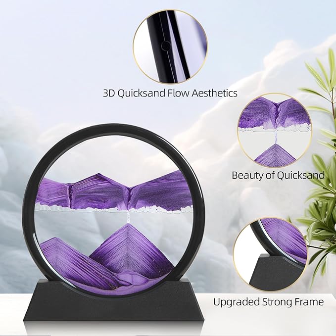Moving Sand Art Liquid Motion, 3D Deep Sea Sandscape Color Quicksand Decor, Round Glass Moving Sand Art Picture Relaxing Desktop Home Office Work Decor (Purple, 7 inch)