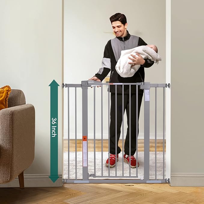BABELIO 36" Tall Baby Gate, 26-40" Wide Auto Close Pet Gate, PressGuard C5 Pressure Mounted Metal Dog Gate, Easy-Install No Drilling, No Tools Needed, with Wall Protectors and Extension Kits, Gray