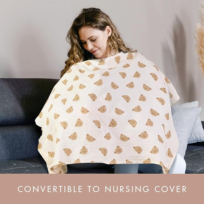 2-Pack Muslin Nursing Cover for Baby Breastfeeding - Breathable Breastfeeding Covers for Nursing with Arch Neckline, Bear & Flower Privacy Covers