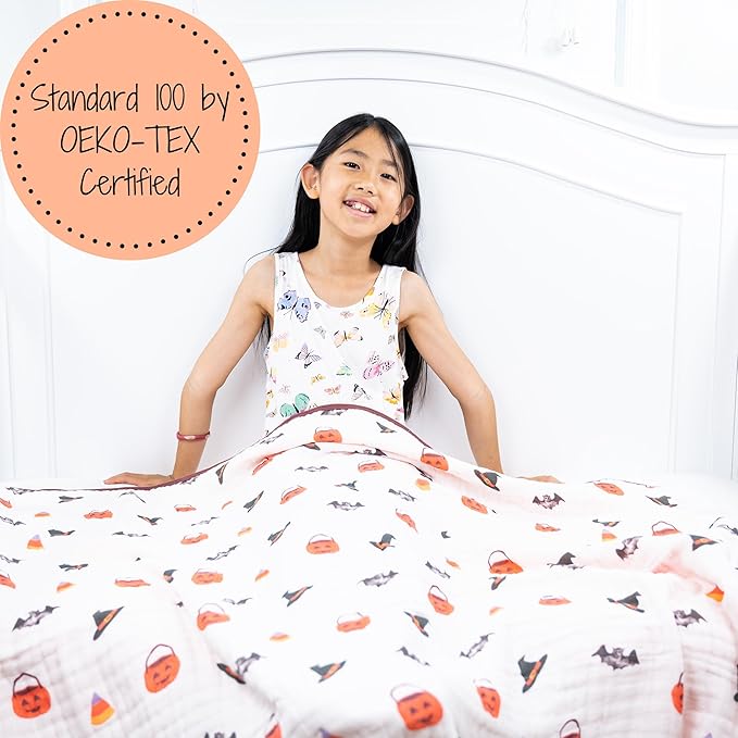 LollyBanks Muslin Baby Blanket 100% Organic Cotton, Muslin Quilt Lightweight, 6 Layers Soft Blanket Neutral, 47"x 47" Toddler Blankets for Girls and Boys (Pumpkin,Bat,Witch Hat/Halloween Print)