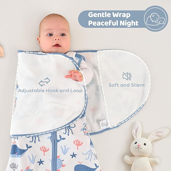 Baby Swaddle Sleep Sack 0-3 Months, Swaddles for Newborns Boy Girl, 3-Way Adjustable Infant Swaddle Wearable Blanket with Zipper & Detachable Wrap, 2 Pack Soft Snug Blue Whale