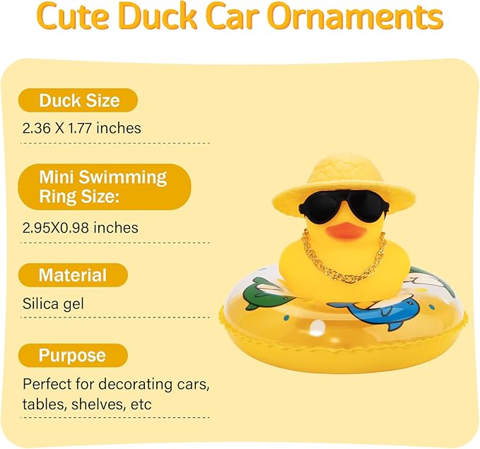wonuu Car Rubber Duck, Yellow Duck Decoration Dashboard with Sun Hat Swim Ring Necklace Sunglasses for Car Dashboard Decorations (Blue Sun Hat-Blue Dolphin)