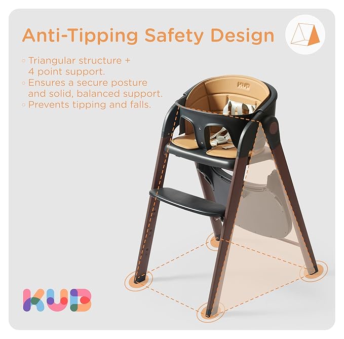 KUB High Chair for Babies and Toddlers Adjustable Foldable Convertible 5 Point Harness Easy Clean Wood-Printed Metal with Removable Tray Baby Highchair for Family (Black&Walnut Wood-Printed Metal)