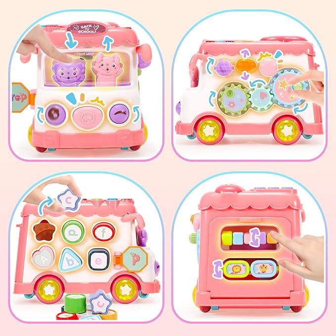 Baby Gift for 1-2 Year Old Girl, 10-in-1 Montessori Toys Bus for Baby 6-12-18 Months+, Educational Musical Sensory Learning Toddler Toys Age 1-2, First Christmas and Birthday Gifts Pink