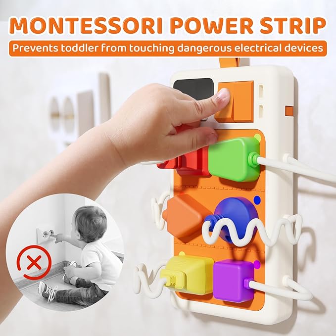 9 PCS Sensory Plug Outlet for Toddlers 2-3, Power Strip Montessori Toys for 18+ Months, Busy Board with Light & Sounds, Airplane Car Travel Toys Gift for Baby