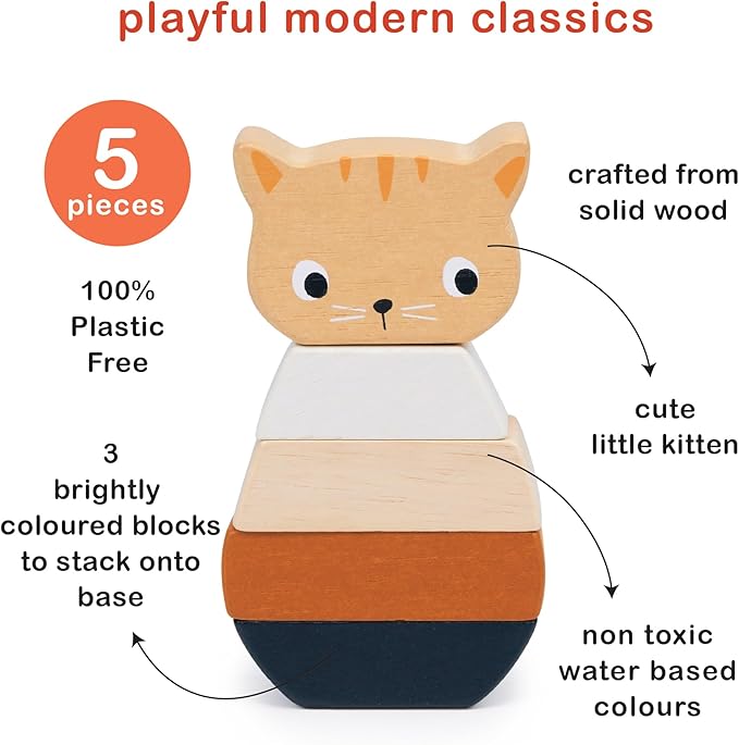 Mentari Toys - Stacking Kitten - 5pcs Wooden Animal Stacker Toddler Toy - Natural Wood Stacking Blocks - Boost Fine Motor Skills - Toddler Educational Toy - Age 12m+
