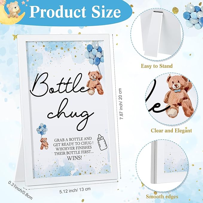 Roowest Bottle Chug Baby Shower Games Favors Including 18 Pcs Feeding Bottles with Blue Bear Theme Wooden Sign for Gender Reveal Baby Shower Party Supplies