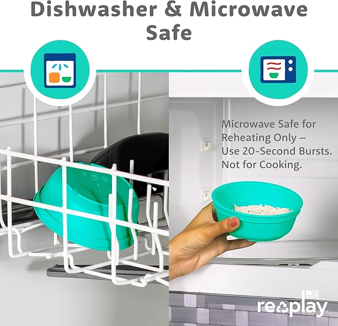 Re-Play 12 oz. Toddler Bowls Set of 3 - Kids Deep-Walled, Durable & Reusable Snack and Meal Bowls, Dishwasher & Microwave Safe, BPA-Free, Made in USA from Recycled Plastic, True Blue