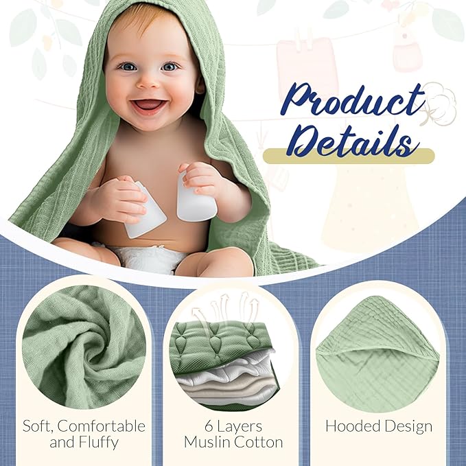 VitalCozy 8 Pcs Baby Muslin Hooded Bath Towels and Washcloths, 32 x 32 Inch Muslin Cotton Hooded Baby Towels Absorbent Blankets for Gift Newborn Infant Shower (Calming Color)