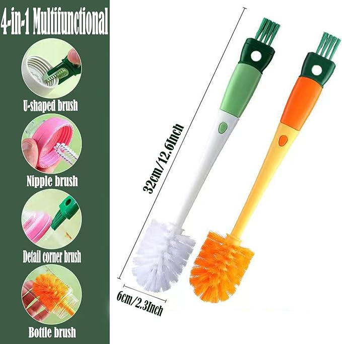 Multi-Role Bottle Brush, Long Handle Bottle Brush Cleaner, Flexible Scrub Brush for Water Bottles, Glasswares, Cup, Safe On Multiple Types of Vacuum Cup, Baby Bottles, Vases 2Pcs (4-in-1)