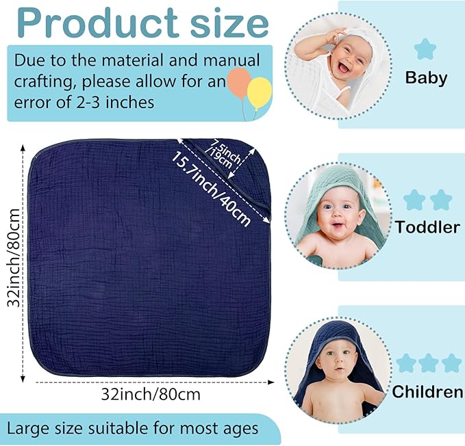 Peryiter 6 Pcs Muslin Hooded Baby Towels, 32"x 32" Cotton Newborn Bath Towel Muslin Infant Baby Blankets Absorbent Unisex Newborn Registry Gift Essentials for Girls Boys (Blue)
