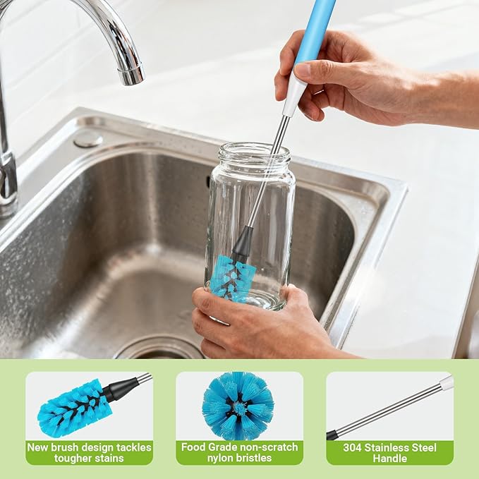 3-in-1 Bottle Brush, 15 Inches Long Handle Kitchen Water Bottle Brush, Stainless Steel Bottle Cleaner Brush with Straw Brush & Lid Brushe for Cleaning Wine Glasses,Coffee Mugs,Tumblers,Wine Decanters