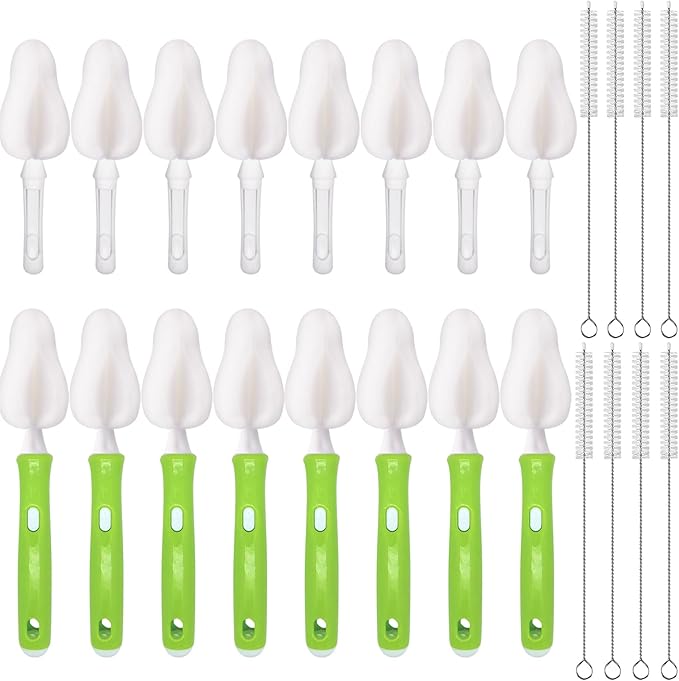INVODA 24 PCS Sponge Nipple Bottle Brushes, Baby Bottle Brush with 8 PCS Nipple Cleaner, 8 PCS Replacement Heads and 8 PCS Straw Brushes (White)