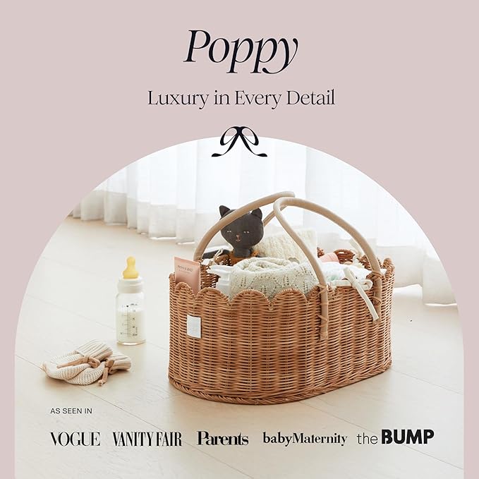 BEBE BASK Premium Baby Diaper Caddy Organizer - Handmade & Award-Winning Scalloped Rattan Basket - Luxury Diaper Caddy Basket - Elegant Scalloped Edge (Mocca)