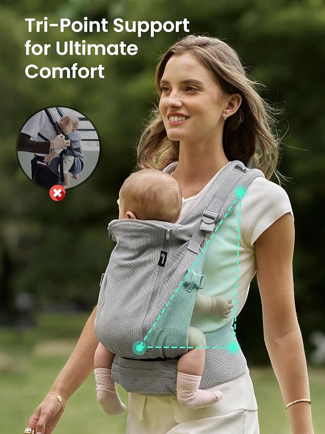 GROWNSY Baby Carrier, All Season Design with Adjustable Mesh Panel, Ergonomic Baby Carriers with Lower & Upper Buckle, Newborn to Toddler (7-44lbs), Hands-Free Parenting, Grey