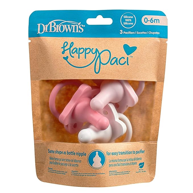 Dr. Brown's HappyPaci 100% Silicone, Newborn Baby Pacifiers 0-6 Months, BPA Free, White, Pink, Light Pink, Cool Gray, Green, and Ecru, 6 Pack