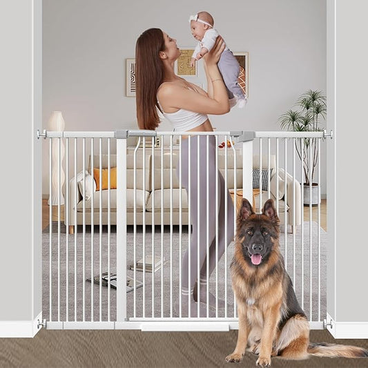 40.55" Extra Tall Baby Gate for Stairs-54.8"-60.2" Wide 1.37" Ultra Narrow Spacing Extra Wide Pet Cat Gate Dog Gate-Auto-Close Pressure Mounted Dog Door for Pets and Kids,White