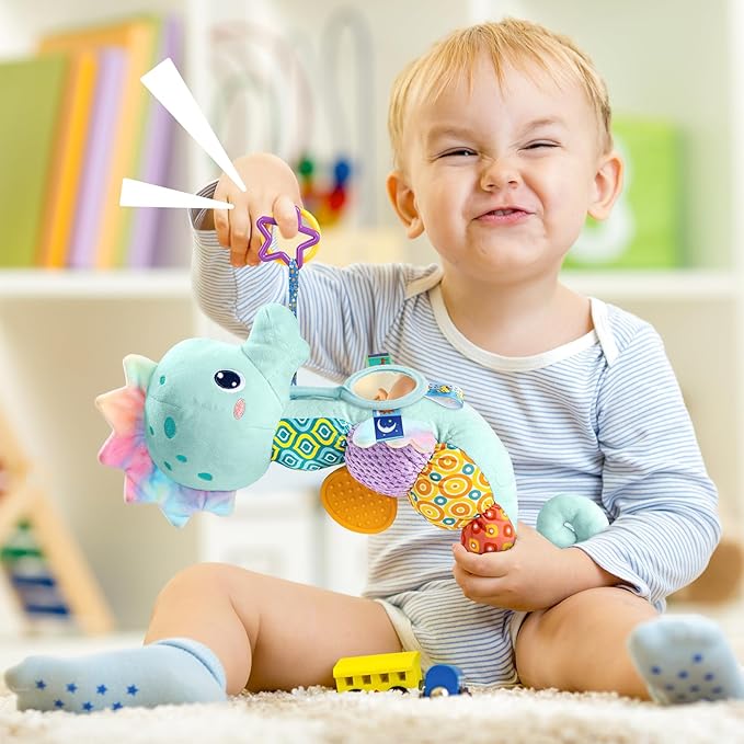 LIGHTDESIRE Baby Toys Musical Seahorse Stuffed Animals Infant Toys 0-6-12 Months with Mirror|Rattles|Crinkle|Baby Teething Toys,Sensory Toys for Tummy Time Newborn Boys Girls Birthday Gifts(Ice Blue)
