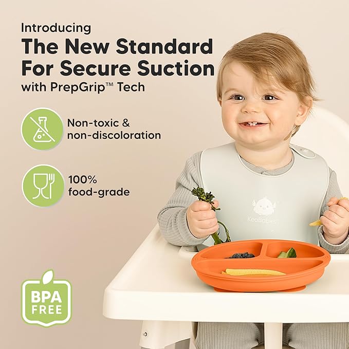 KeaBabies Suction Plates for Baby, Toddler - 3-Pack 100% Silicone Toddler Plates with Suction, Divided, BPA-Free Baby Led Weaning Essentials for Kids, Dishwasher, Microwave Safe, Durable (Amaze)