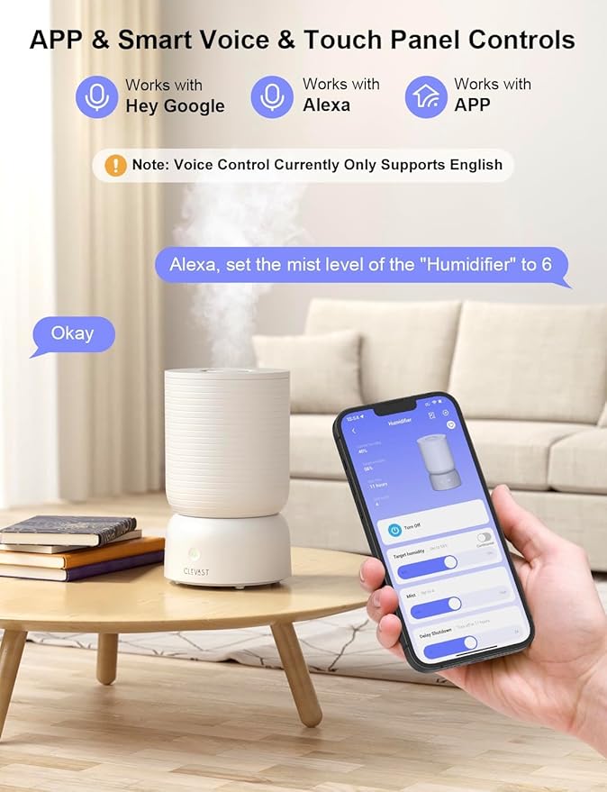 CLEVAST Smart Humidifier for Bedroom, 3L Top Fill Cool Mist Ultrasonic Air Humidifiers with Essential Oil Diffuser, Ultra Quiet for Baby Nursery, Plants, Home, Office (3 Liters Smart Version)