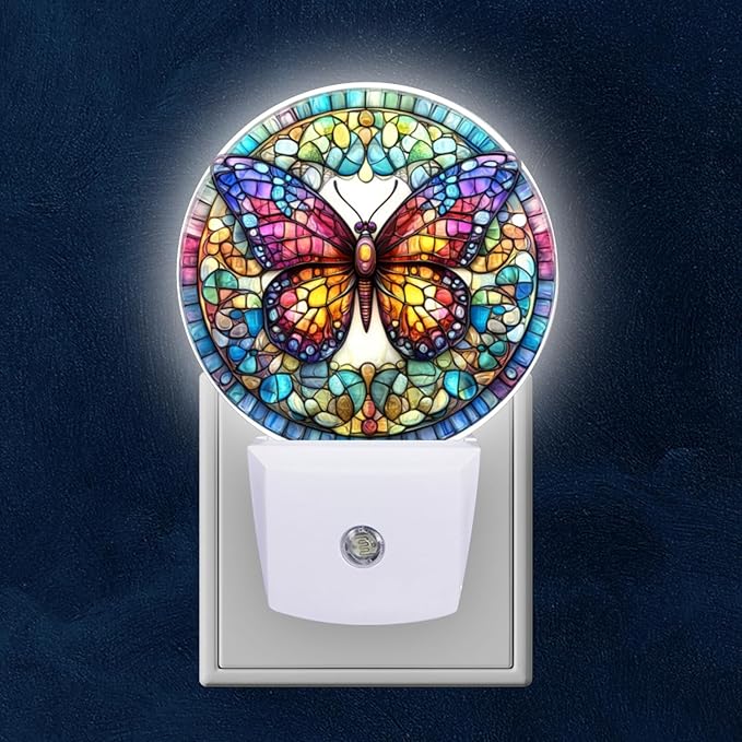 Round LED Night Lights Lamp with Dusk to Dawn Sensor, Stained Glass Art of Colorful Butterfly Mandala Night Light Plug Into Wall for Kids Room, Bedroom, Bathroom, Kitchen, Hallway