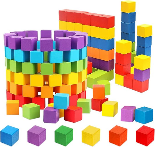 Wood Blocks, 200 Pack Counting Cubes Square Wood Craft Cube Blocks Wooden Blocks Building Blocks,Square Blank Puzzle Making and DIY Craft Cube Blocks,Early Math Manipulatives (Assorted Coloe)