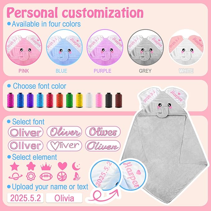 Custom Hooded Bath Towel with Name, Personalized Highly Absorbent Elephant Towels, Baby Bath Towels for Girls Boys, Christmas Brithday for Baby, Toddler, Newborn (Grey)