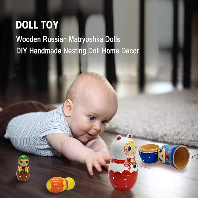 Tphon Nesting Dolls 5pcs Handmade Russian Wooden Matryoshka Dolls Cute Cartoon Pattern Nesting Doll Toy Stacking Doll Set for Kids Christmas and Birthday