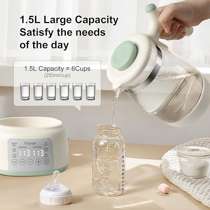 Instant Baby Water Warmer and Formula Dispenser, 1.5L Detachable Glass Tank with 6-Temp Settings, 72H Keep-Warm & Night Light, Universal for All Baby Bottles