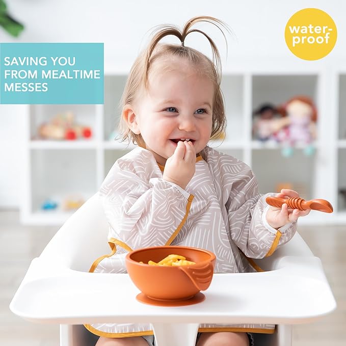 Bumkins Sleeved Bib for Girl or Boy, Baby and Toddler for 6-24 Mos, Essential Must Have for Eating, Feeding, Baby Led Weaning Supplies, Long Sleeve Mess Saving Food Catcher, Soft Fabric, Boho Beige