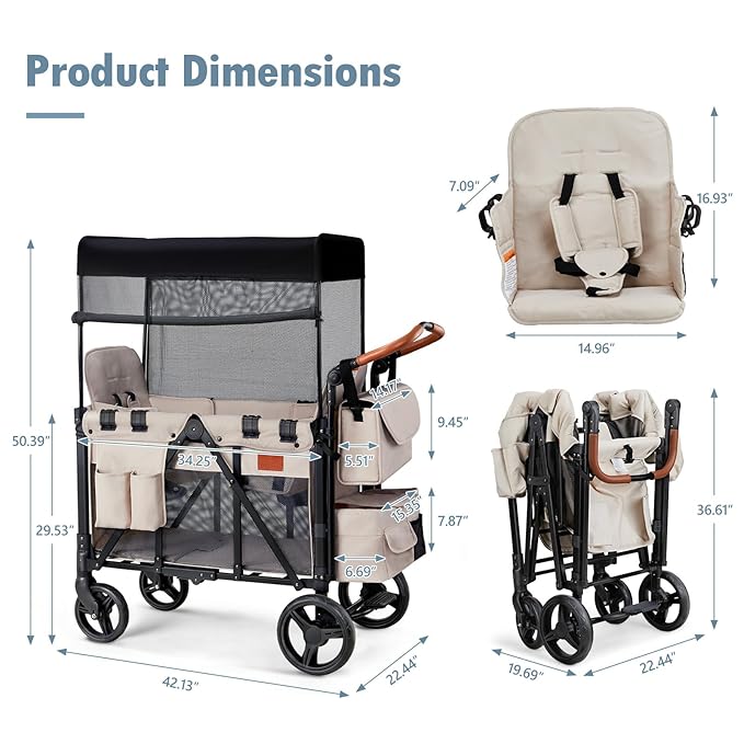 Wagon Stroller for 2 Kids, High Seat & 5 Point Harness, Foldable All-Terrain Wagon for Toddler with Canopy, Parent Organizer, Shoulder Bag, Adjustable Handlebar, Ultimate Double (Beige)