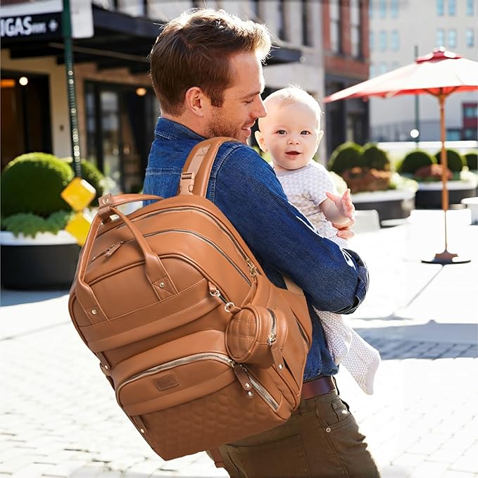 Leather Diaper Bags with Changing Station，Baby Bag，Large Capacity Diaper Bag Backpack for Moms Dads,Waterproof Diaper Backpack（Brown）