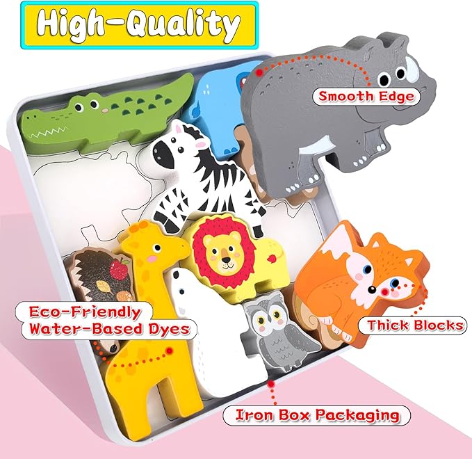 Wooden Animal Puzzles Toys for Toddlers,12PC Safari Animal Figures,Animal Matching Sorting Stacking Toys for Boys Child Girls,Educational Learning Toys Gift for Kids (Safari)