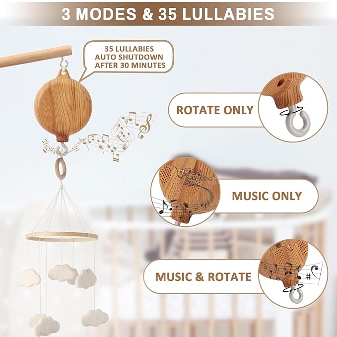 Floor-Standing Crib Mobile Arm with Music Box - 65 Inch Mobile Arm for Crib - 100% Beech Wood - Crib Mobile Motor - Volume Control - 35 Lullabies - Wooden Nursery Decor - Baby Mobile Hanger