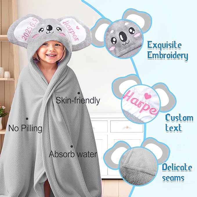 Custom Hooded Baby Towel with Name, Soft and Absorbent Customized Koala Toddler Towels, Baby Bath Towel for Boys and Girls, Easter Birthday Towel for Kids，Babies, Toddlers, Newborns Essential