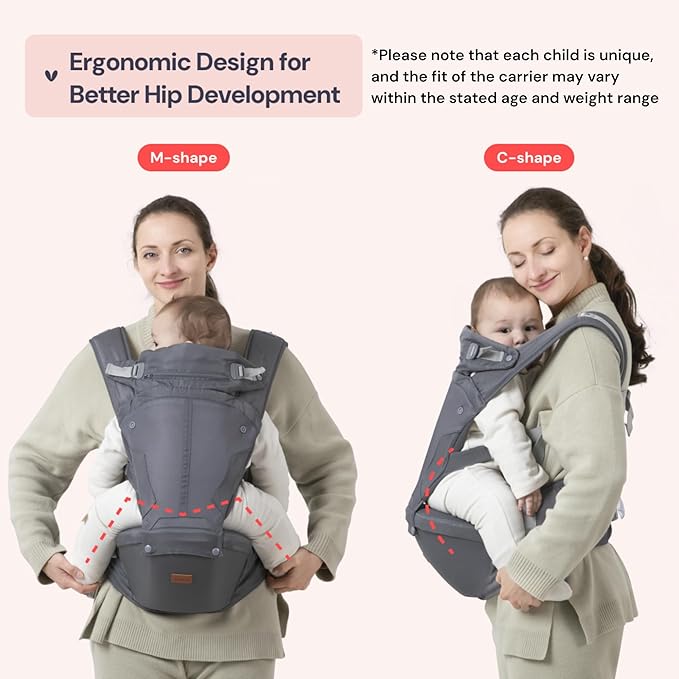 BabbleRoo Grow Carrier – Safety-Certified 6-in-1 Baby Carrier with Hip Seat, Ergonomic & Adjustable Toddler Carrier 7-50 lbs with Hip Support, Hood for Sun Protection, Newborn to Toddler, Gray
