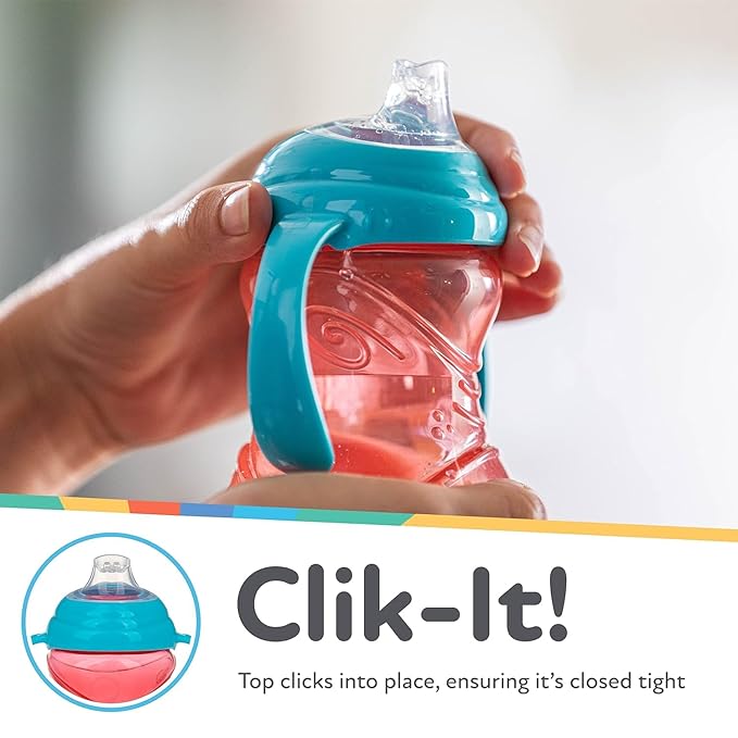 Nuby Clik-It Grip N' Sip Soft Spout No-Spill Training Sippy Cup with Handles - (3-Pack) 10 oz - 4+ Months - Blue/Green/Red