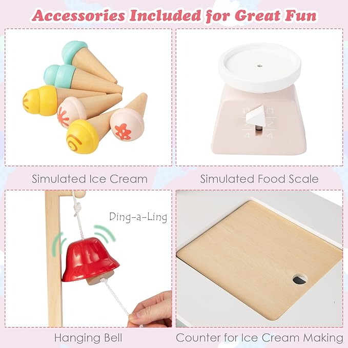 HONEY JOY Kids Ice Cream Cart, Wooden Grocery Store Playset w/6 Pieces Play Food, Realistic Bell & Food Scale, Chalkboard, Pretend Play Dessert Shop Counter Stand Truck, Gift for Boys Girls